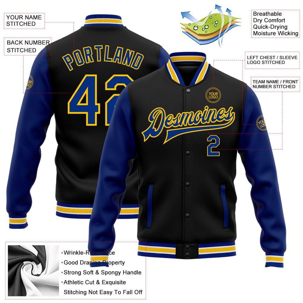 Custom Black Royal-Yellow Bomber Full-Snap Varsity Letterman Two Tone Jacket photo 5