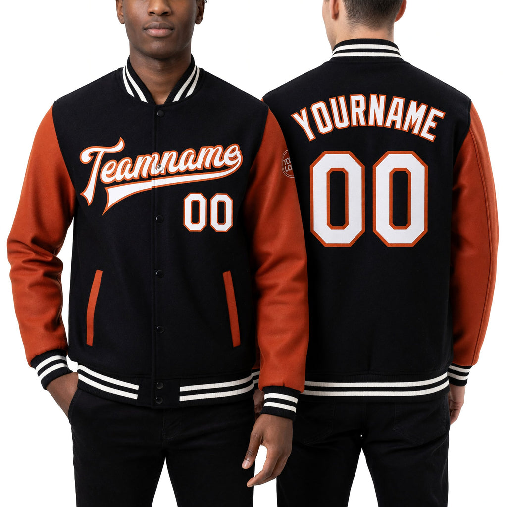 Custom Black White-Texas Orange Bomber Full-Snap Varsity Letterman Two Tone Jacket worn front and back