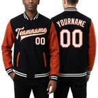 Custom Black White-Texas Orange Bomber Full-Snap Varsity Letterman Two Tone Jacket worn front and back