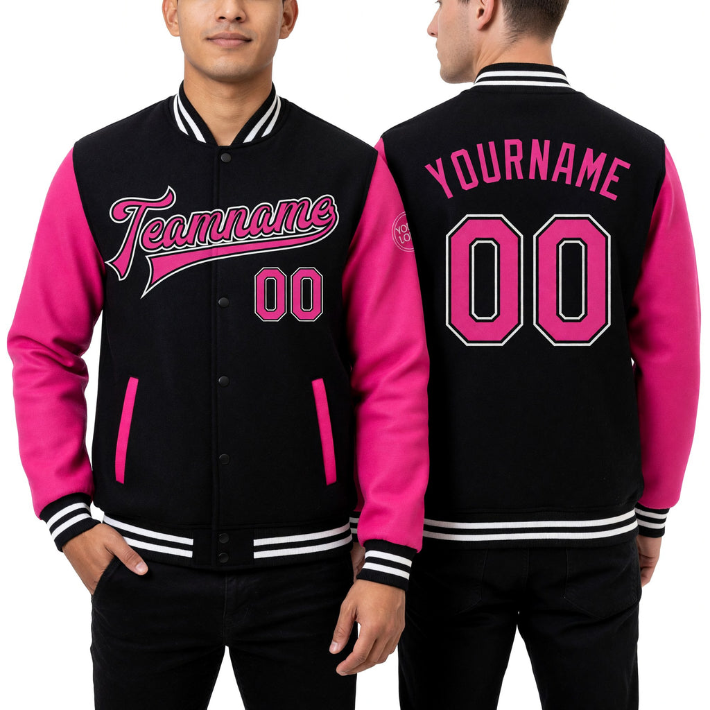 Custom Black Pink-White Bomber Full-Snap Varsity Letterman Two Tone Jacket worn front and back