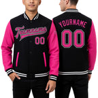 Custom Black Pink-White Bomber Full-Snap Varsity Letterman Two Tone Jacket worn front and back