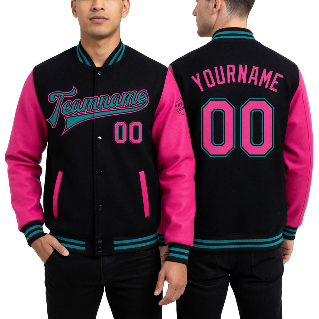 Custom Black Pink-Teal Bomber Full-Snap Varsity Letterman Two Tone Jacket worn front and back