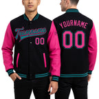 Custom Black Pink-Teal Bomber Full-Snap Varsity Letterman Two Tone Jacket worn front and back
