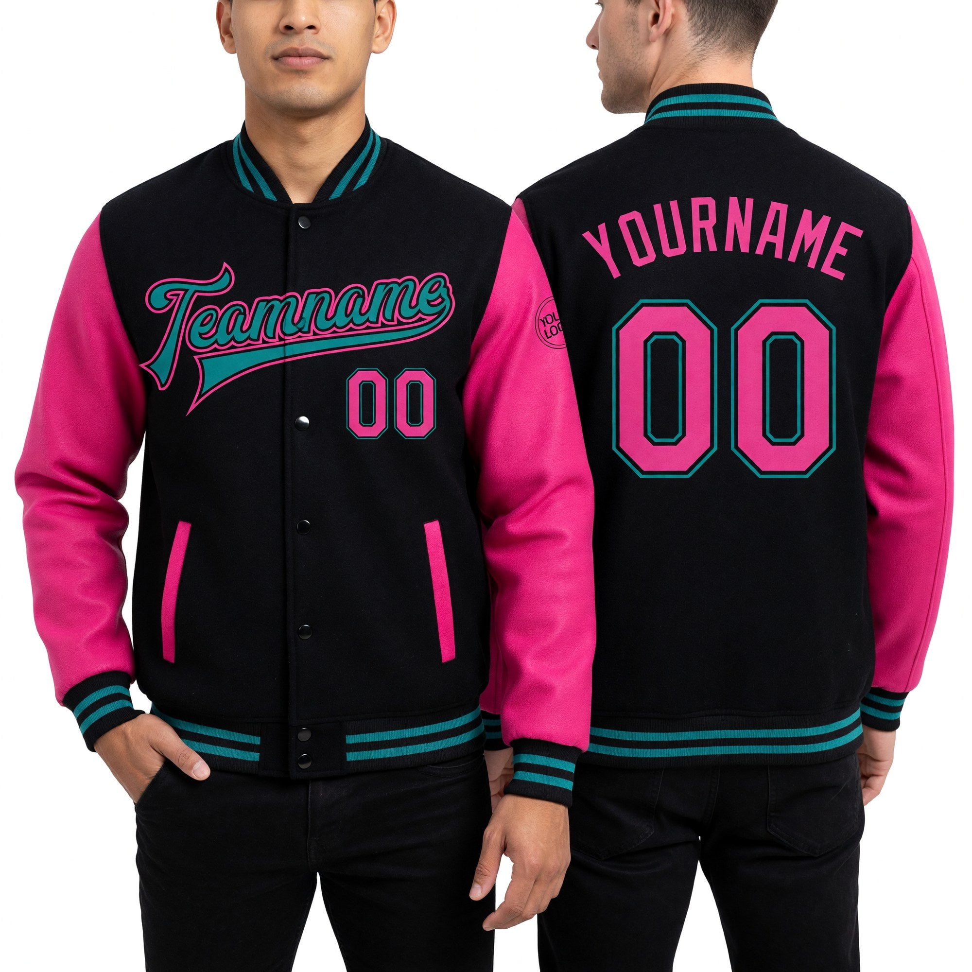 Custom Black Pink-Teal Bomber Full-Snap Varsity Letterman Two Tone Jacket worn front and back