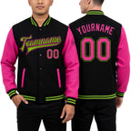 Custom Black Pink-Neon Green Bomber Full-Snap Varsity Letterman Two Tone Jacket worn front and back