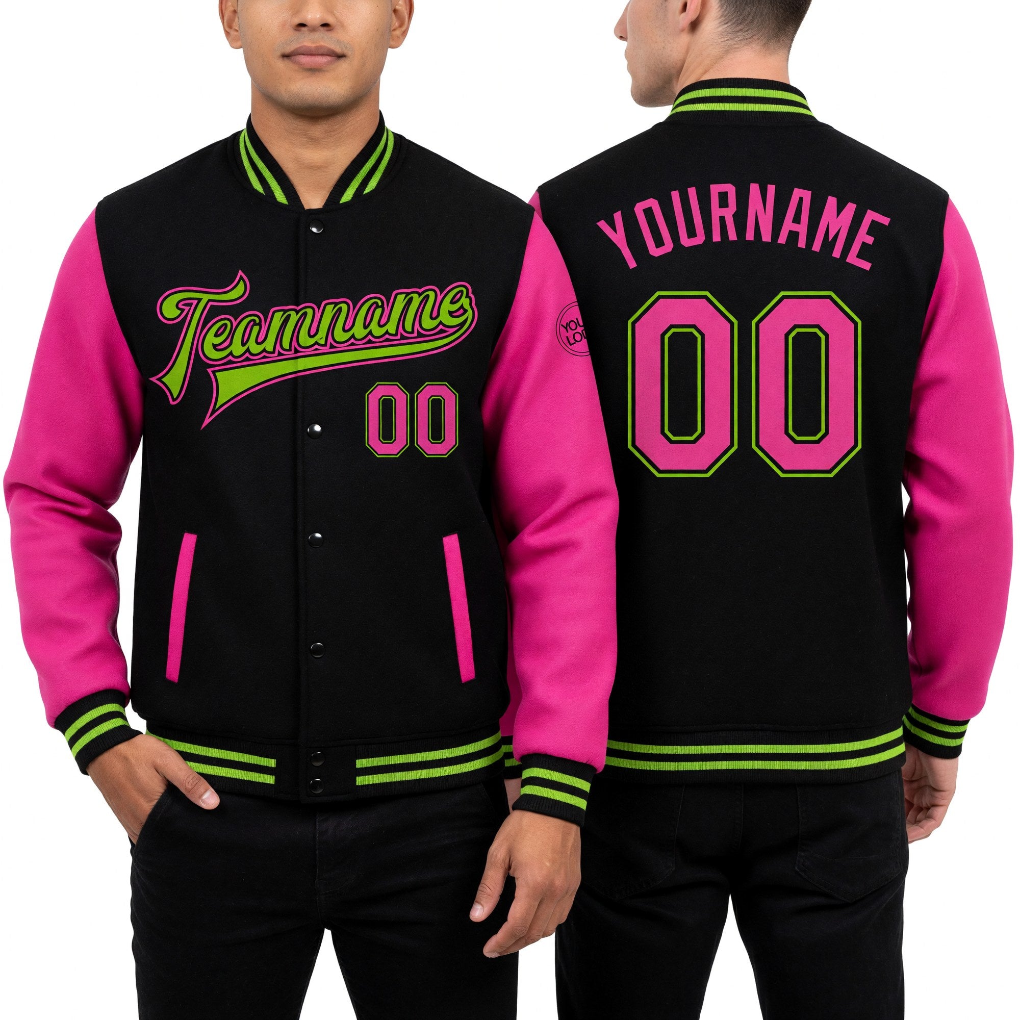 Custom Black Pink-Neon Green Bomber Full-Snap Varsity Letterman Two Tone Jacket worn front and back