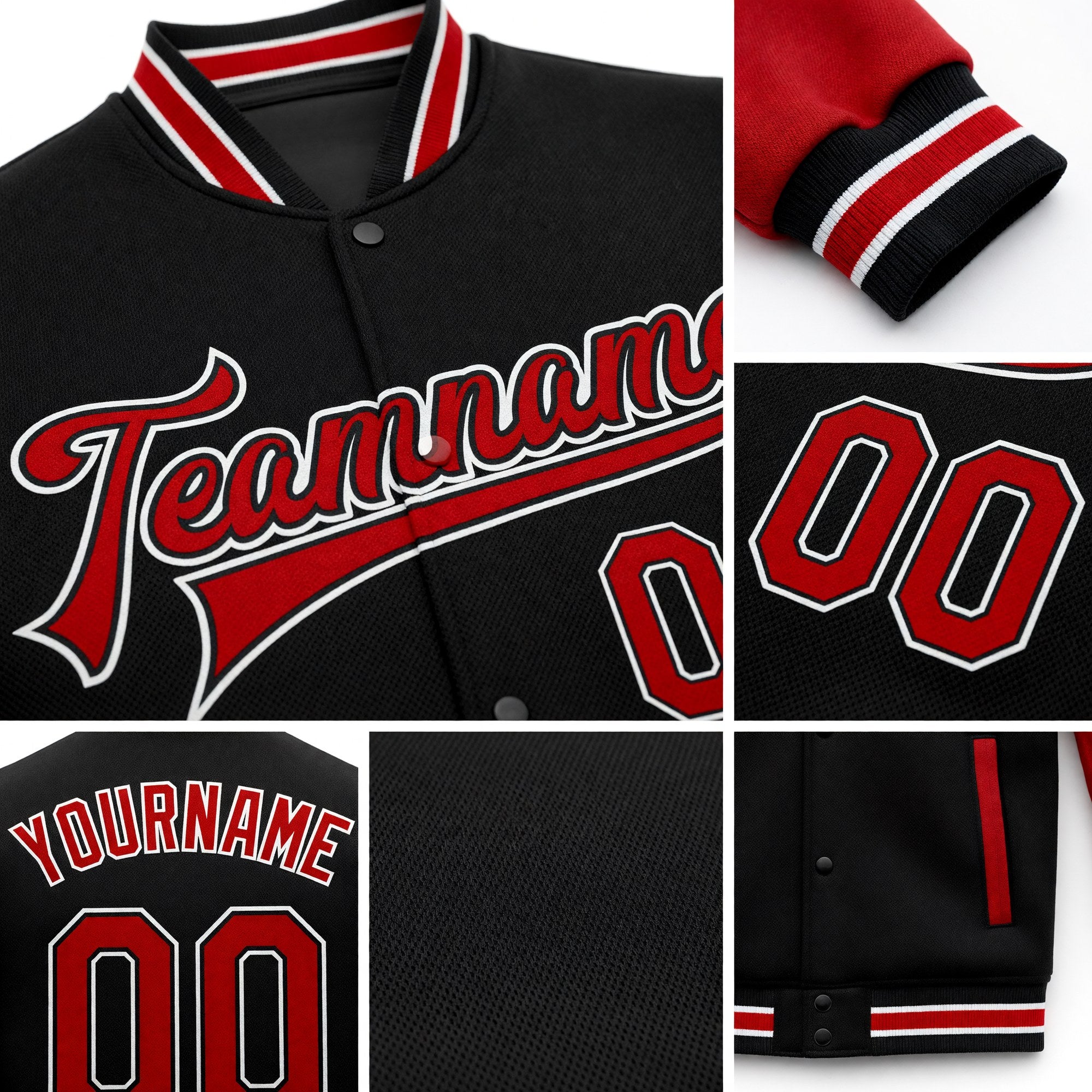 Custom Black Red-White Bomber Full-Snap Varsity Letterman Two Tone Jacket detail