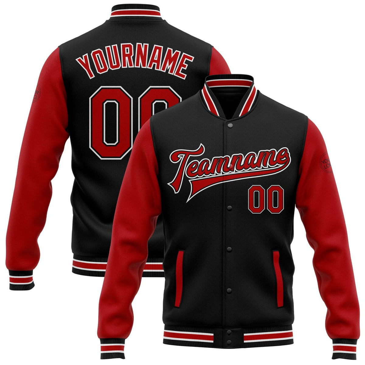 Custom Black Red-White Bomber Full-Snap Varsity Letterman Two Tone Jacket photo 1