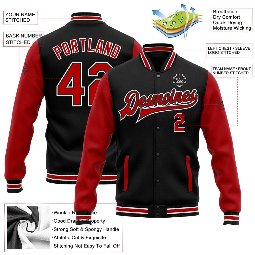 Custom Black Red-White Bomber Full-Snap Varsity Letterman Two Tone Jacket photo 5