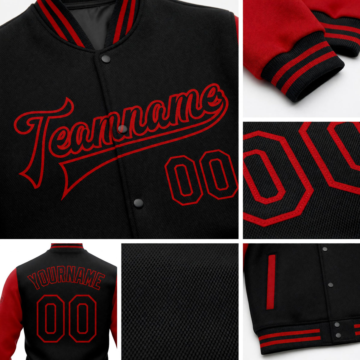 Custom Black Red Bomber Full-Snap Varsity Letterman Two Tone Jacket detail