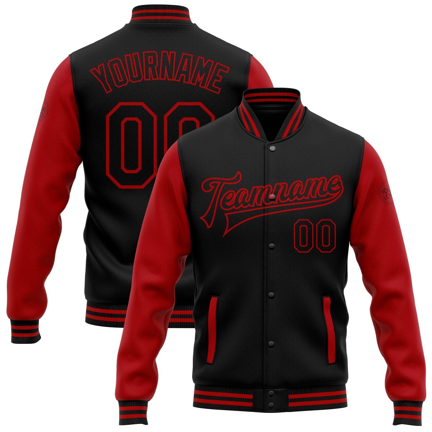 Custom Black Red Bomber Full-Snap Varsity Letterman Two Tone Jacket photo 1
