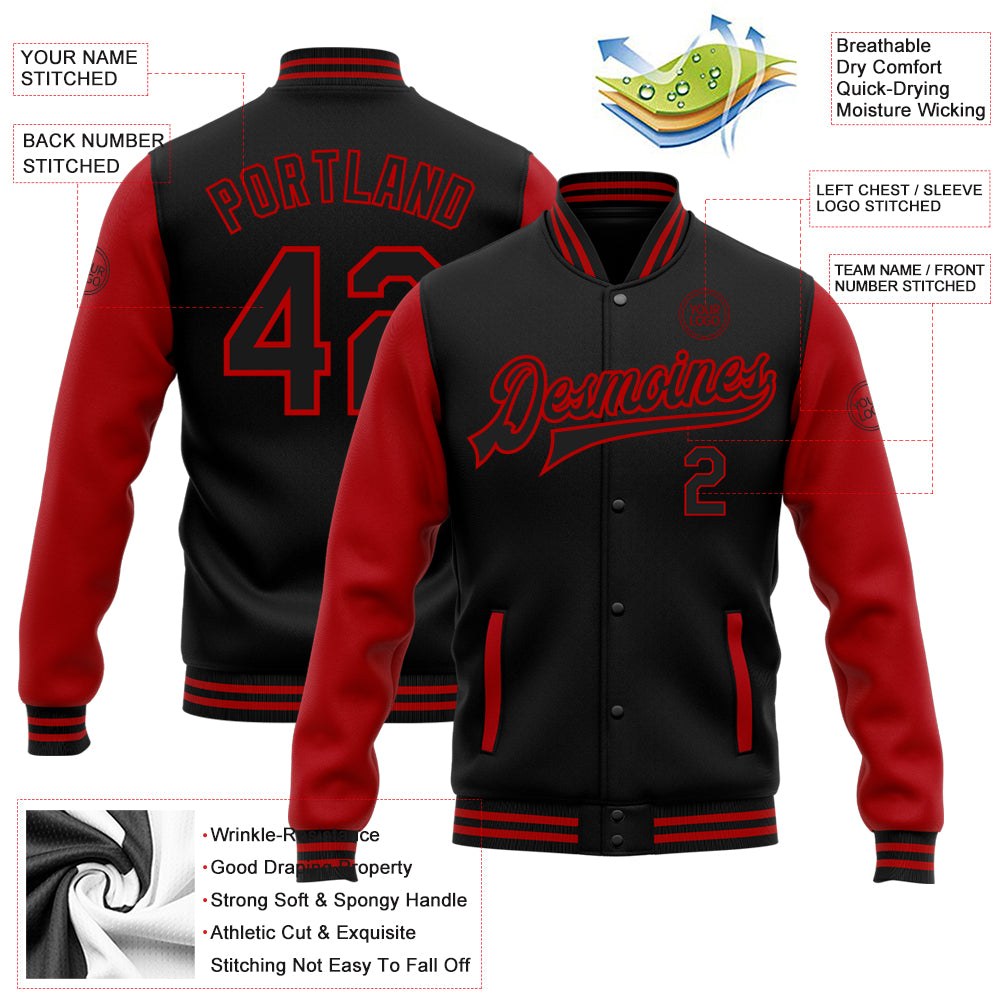 Custom Black Red Bomber Full-Snap Varsity Letterman Two Tone Jacket photo 5