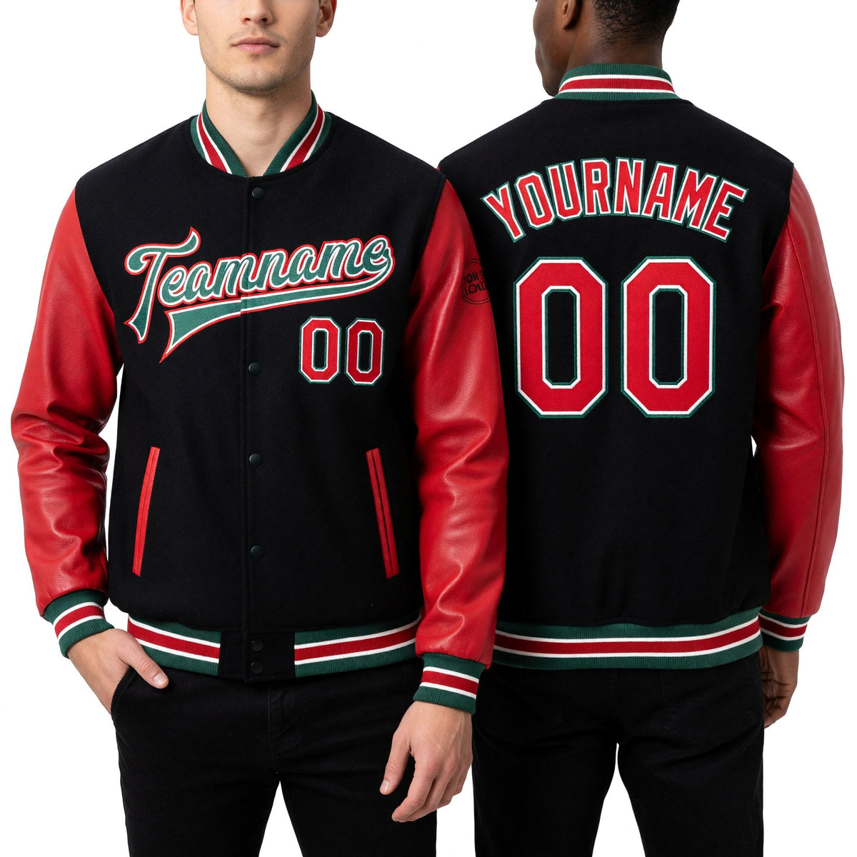 Custom Black Red-Kelly Green Bomber Full-Snap Varsity Letterman Two Tone Jacket worn front and back