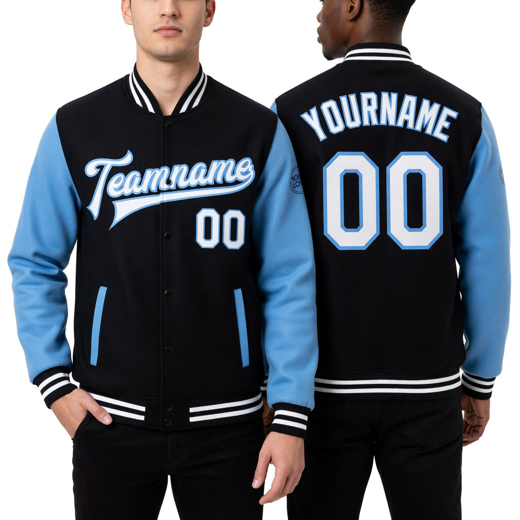 Custom Black White-Light Blue Bomber Full-Snap Varsity Letterman Two Tone Jacket worn front and back