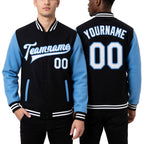 Custom Black White-Light Blue Bomber Full-Snap Varsity Letterman Two Tone Jacket worn front and back