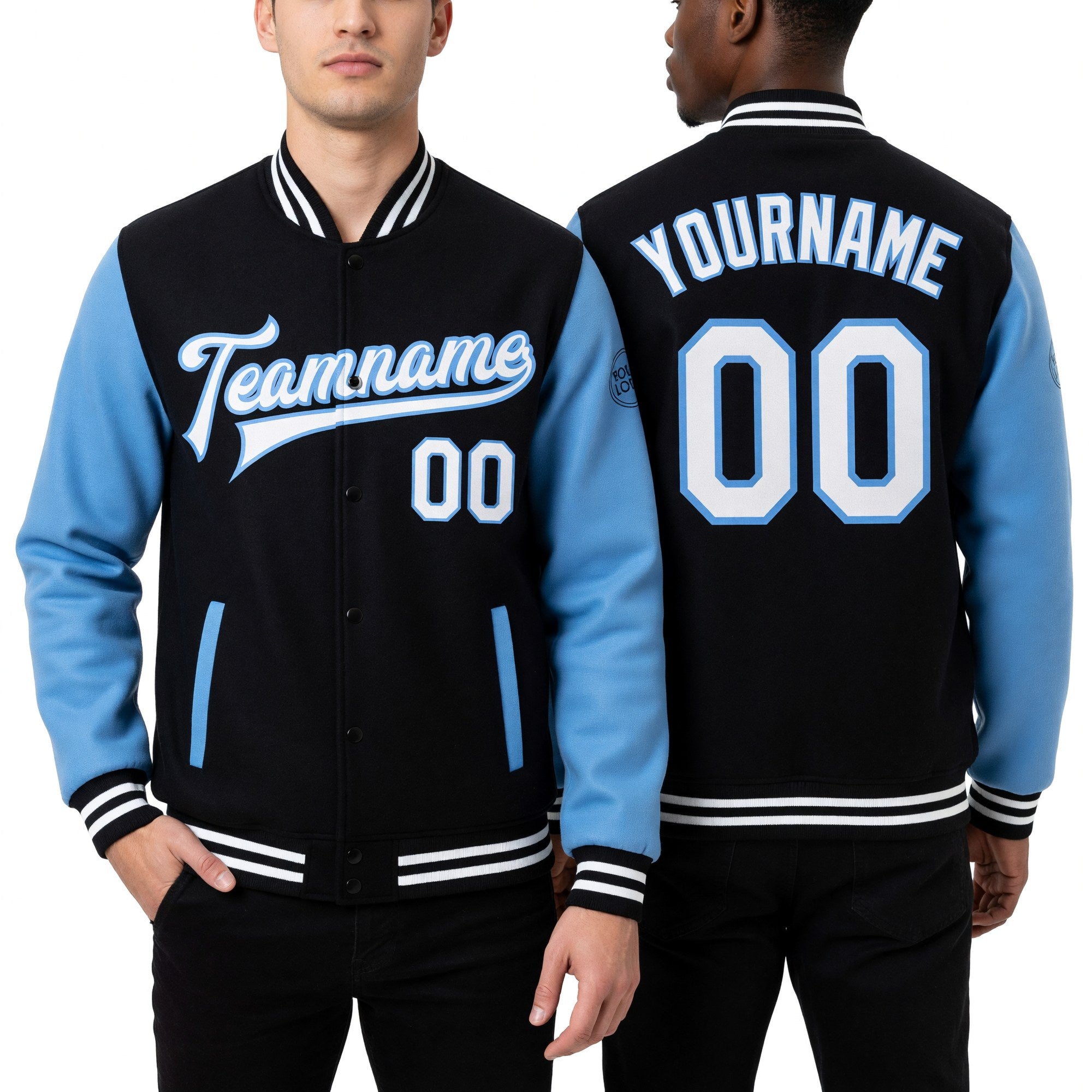 Custom Black White-Light Blue Bomber Full-Snap Varsity Letterman Two Tone Jacket worn front and back