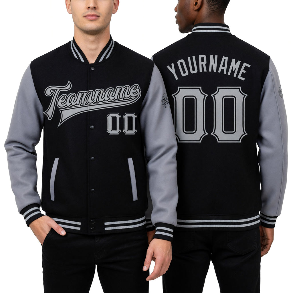 Custom Black Gray Bomber Full-Snap Varsity Letterman Two Tone Jacket worn front and back
