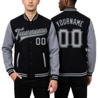 Custom Black Gray Bomber Full-Snap Varsity Letterman Two Tone Jacket worn front and back