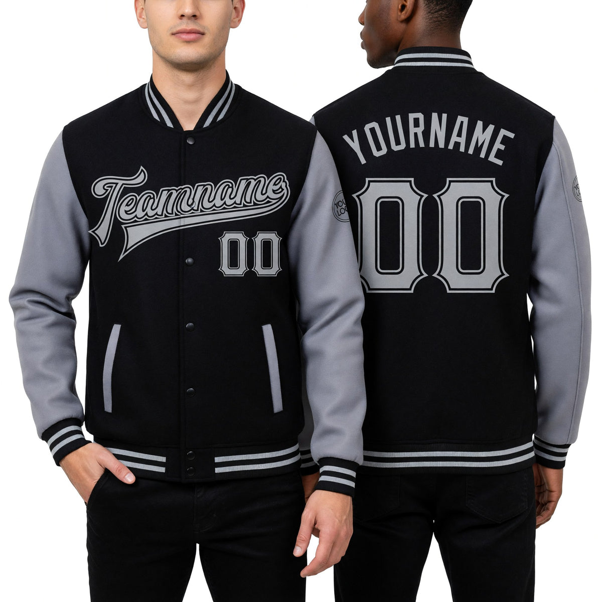 Custom Black Gray Bomber Full-Snap Varsity Letterman Two Tone Jacket worn front and back
