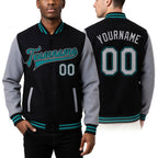Custom Black Gray-Teal Bomber Full-Snap Varsity Letterman Two Tone Jacket worn front and back