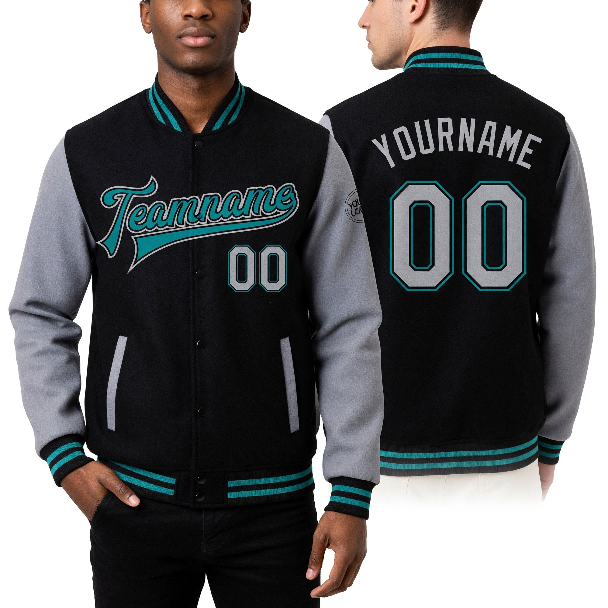Custom Black Gray-Teal Bomber Full-Snap Varsity Letterman Two Tone Jacket worn front and back