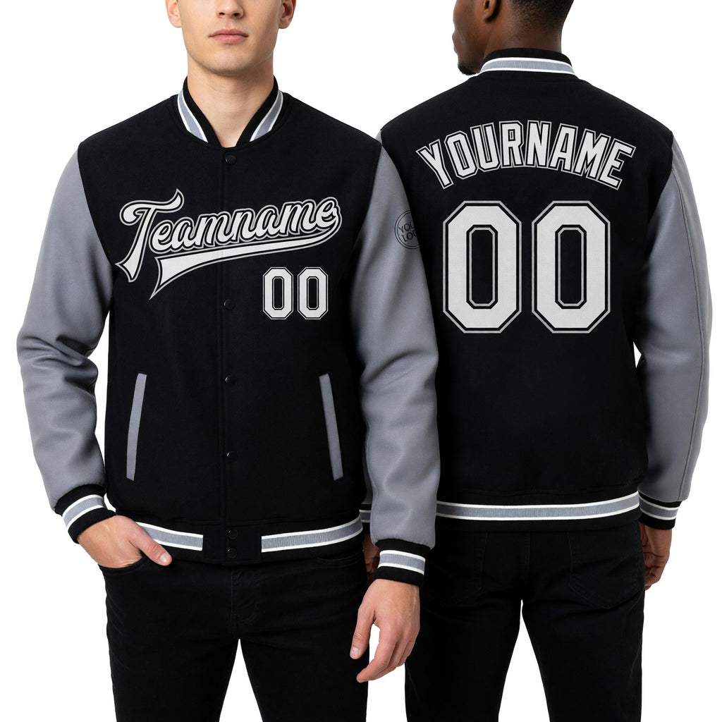 Custom Black White-Gray Bomber Full-Snap Varsity Letterman Two Tone Jacket worn front and back