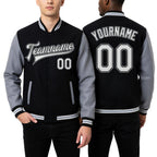 Custom Black White-Gray Bomber Full-Snap Varsity Letterman Two Tone Jacket worn front and back