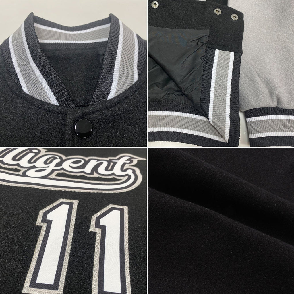 Custom Black White-Gray Bomber Full-Snap Varsity Letterman Two Tone Jacket photo 4