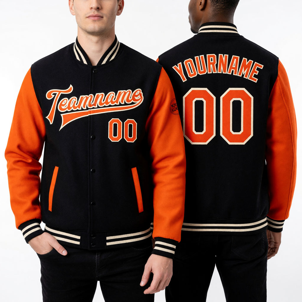 Custom Black Orange-Cream Bomber Full-Snap Varsity Letterman Two Tone Jacket worn front and back