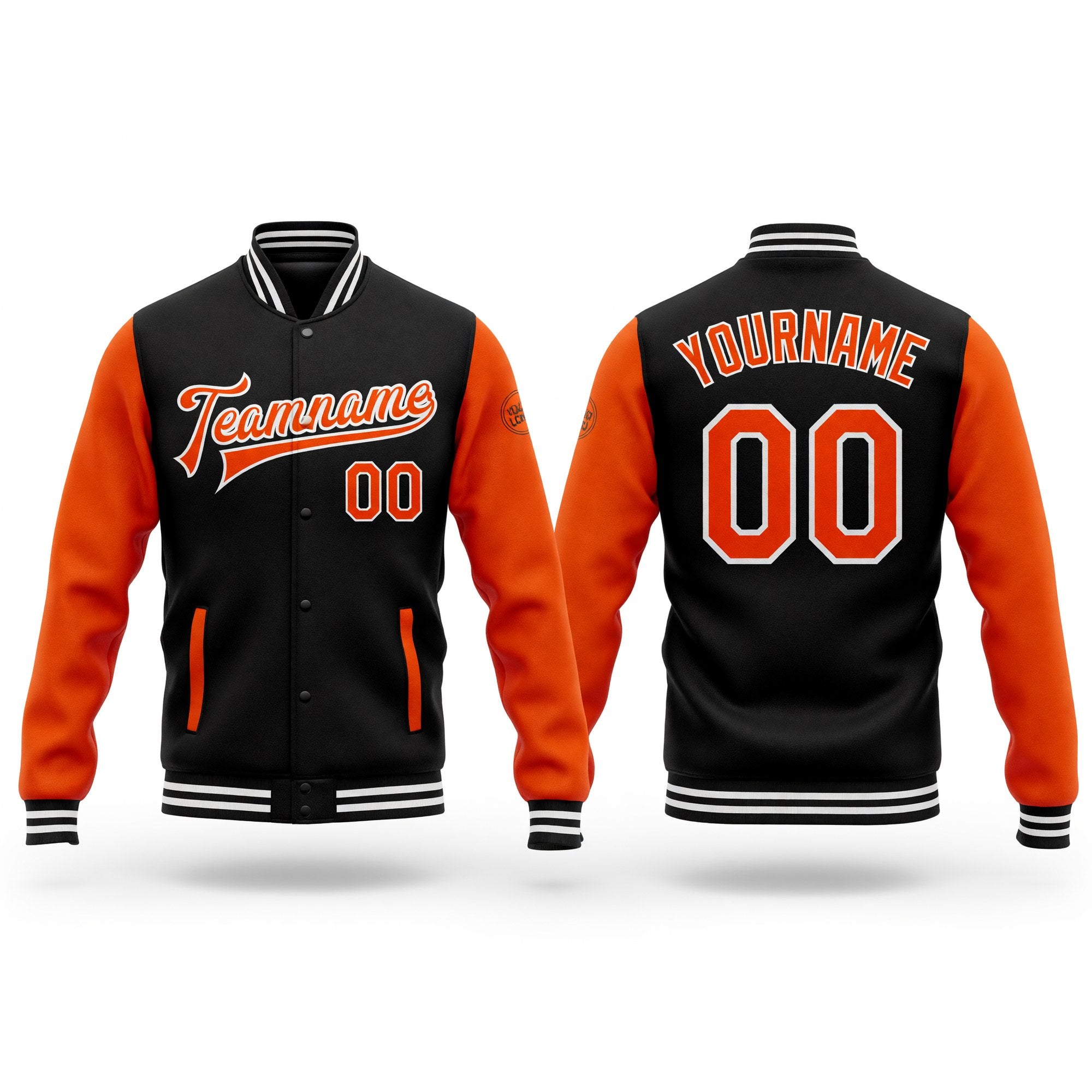 Custom Black Orange-White Bomber Full-Snap Varsity Letterman Two Tone Jacket