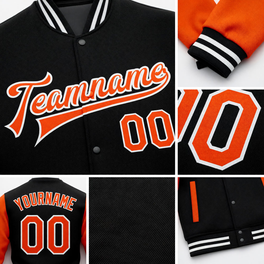Custom Black Orange-White Bomber Full-Snap Varsity Letterman Two Tone Jacket detail