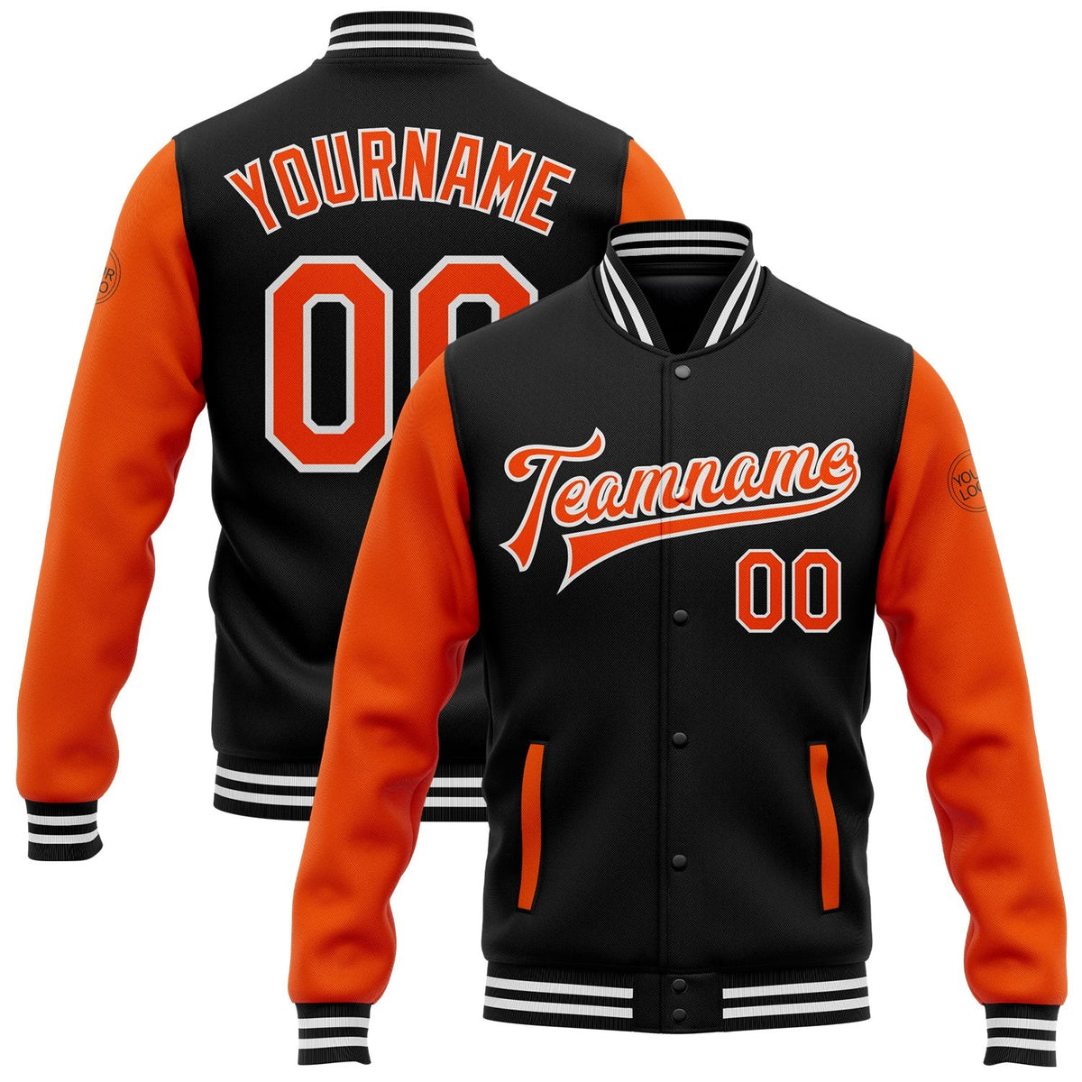 Custom Black Orange-White Bomber Full-Snap Varsity Letterman Two Tone Jacket photo 1