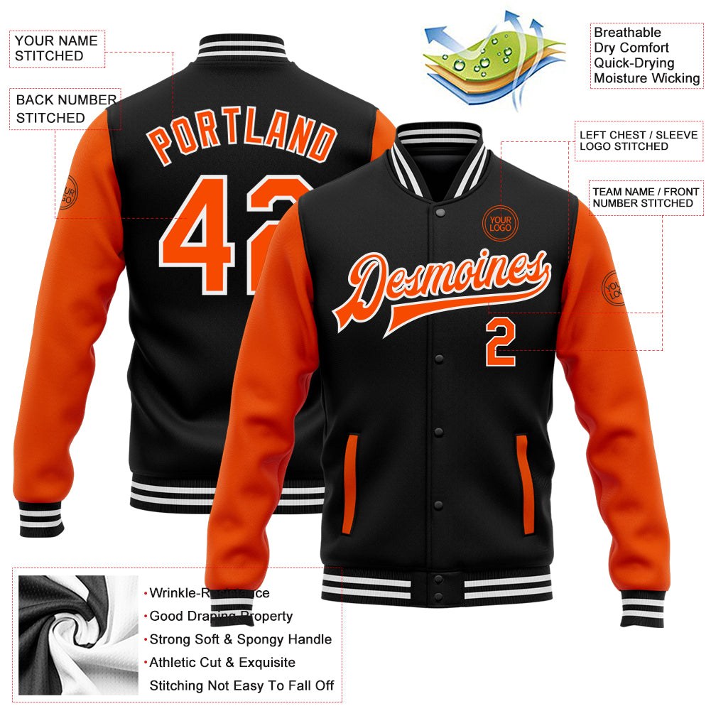 Custom Black Orange-White Bomber Full-Snap Varsity Letterman Two Tone Jacket photo 5