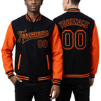 Custom Black Orange Bomber Full-Snap Varsity Letterman Two Tone Jacket worn front and back