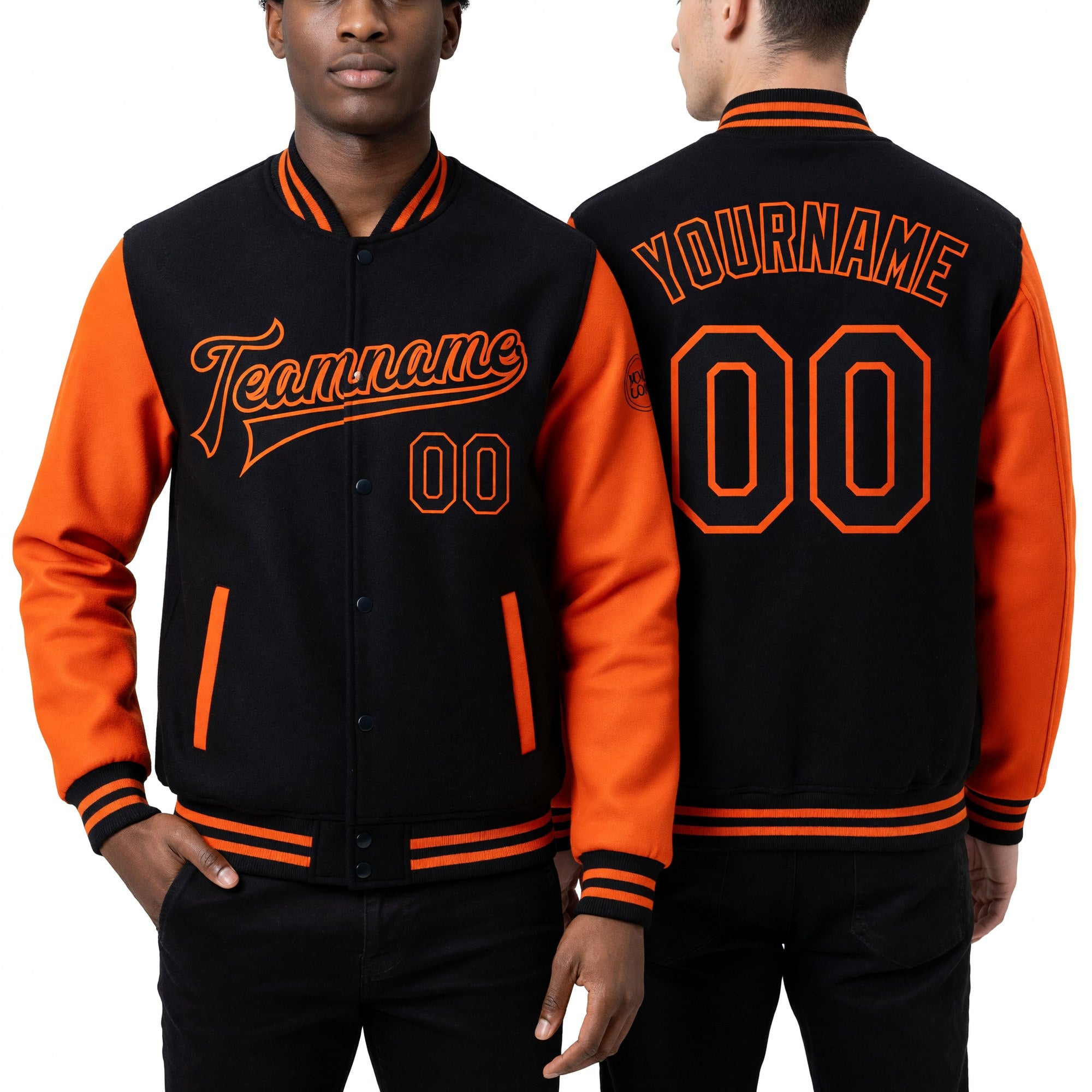 Custom Black Orange Bomber Full-Snap Varsity Letterman Two Tone Jacket worn front and back