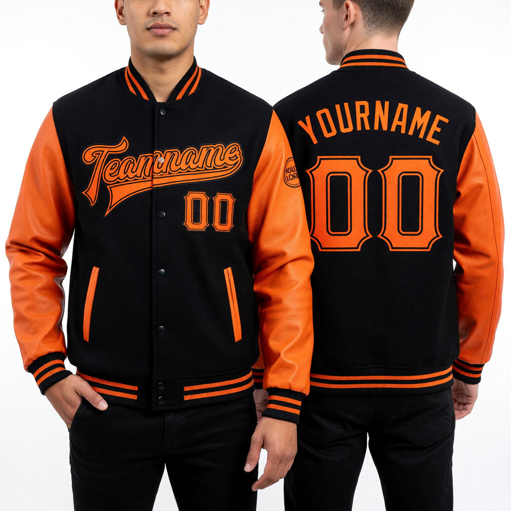 Custom Black Orange Bomber Full-Snap Varsity Letterman Two Tone Jacket worn front and back