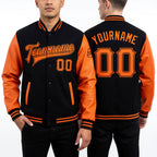 Custom Black Orange Bomber Full-Snap Varsity Letterman Two Tone Jacket worn front and back