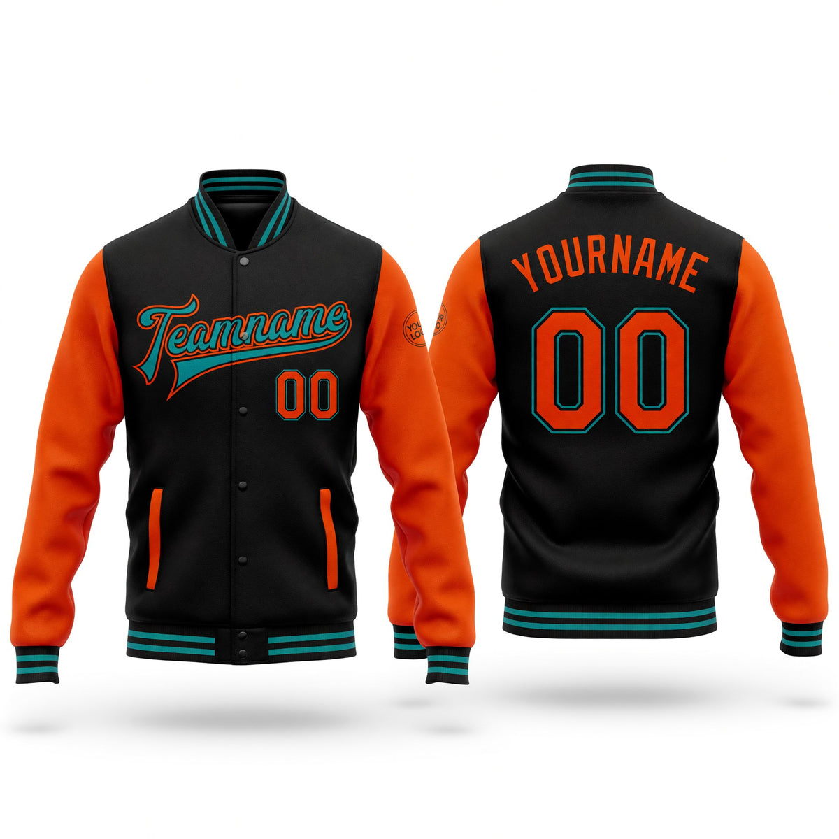 Custom Black Orange-Teal Bomber Full-Snap Varsity Letterman Two Tone Jacket