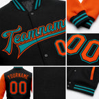 Custom Black Orange-Teal Bomber Full-Snap Varsity Letterman Two Tone Jacket detail