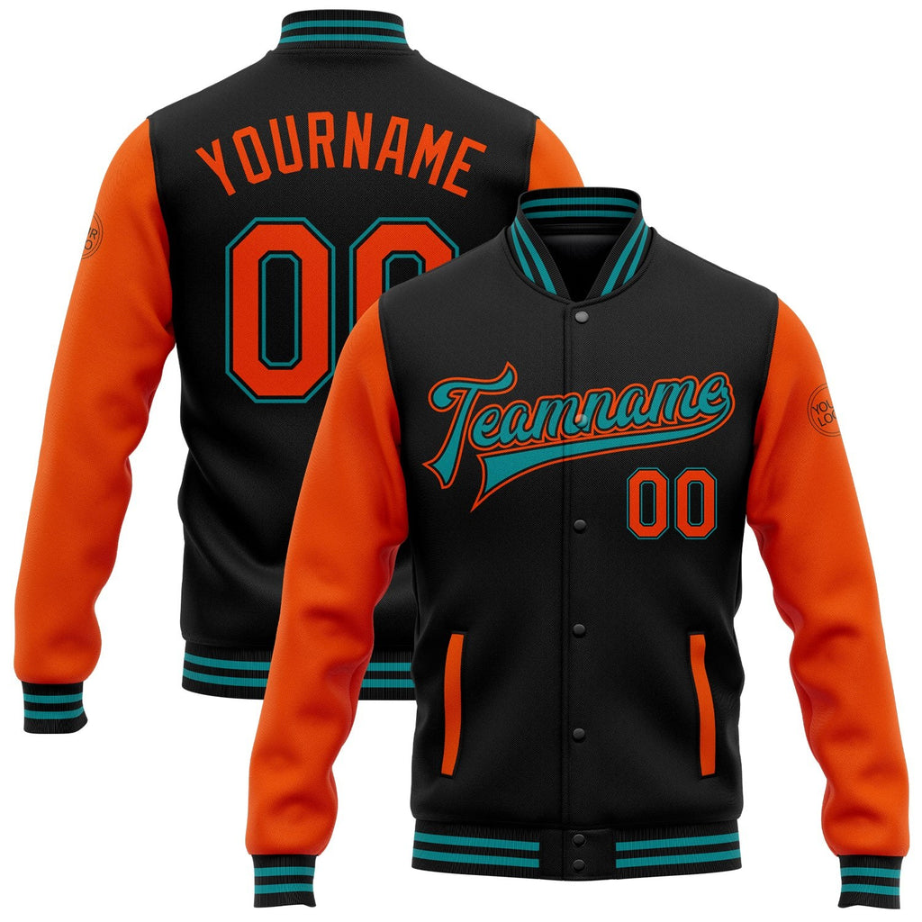 Custom Black Orange-Teal Bomber Full-Snap Varsity Letterman Two Tone Jacket photo 1