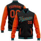 Custom Black Orange-Teal Bomber Full-Snap Varsity Letterman Two Tone Jacket photo 1