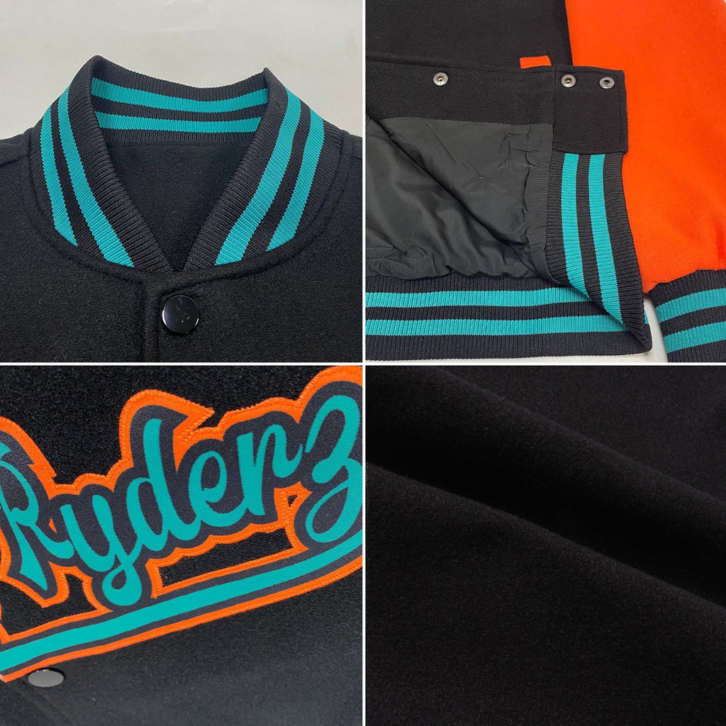 Custom Black Orange-Teal Bomber Full-Snap Varsity Letterman Two Tone Jacket photo 4