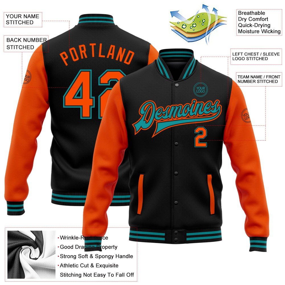 Custom Black Orange-Teal Bomber Full-Snap Varsity Letterman Two Tone Jacket photo 5