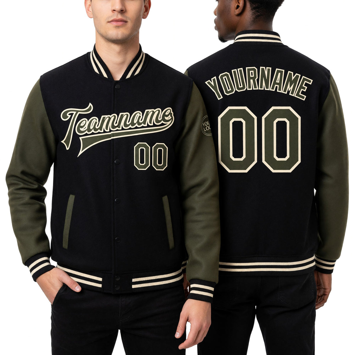 Custom Black Olive-Cream Bomber Full-Snap Varsity Letterman Two Tone Jacket worn front and back