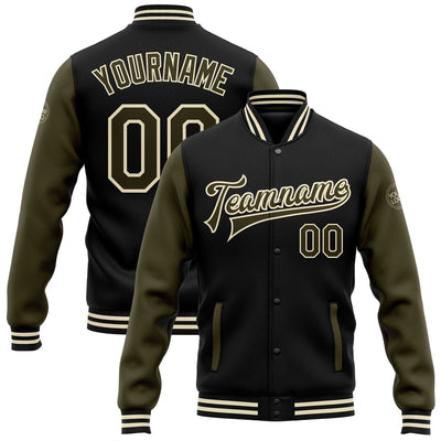 Custom Black Full Snap Bomber Two Tone Varsity Jacket with Olive and Cream Accents Design 1623