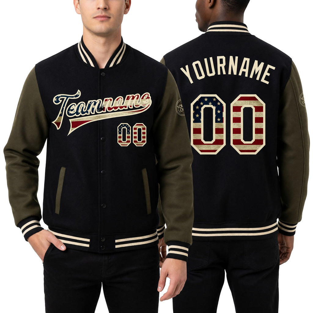 Custom Black Vintage USA Flag Cream-Olive Bomber Full-Snap Varsity Letterman Two Tone Jacket worn front and back