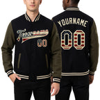 Custom Black Vintage USA Flag Cream-Olive Bomber Full-Snap Varsity Letterman Two Tone Jacket worn front and back