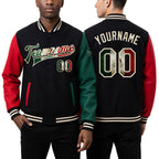 Custom Black Vintage Mexican Flag Cream Kelly Green-Red Bomber Full-Snap Varsity Letterman Two Tone Jacket worn front and back