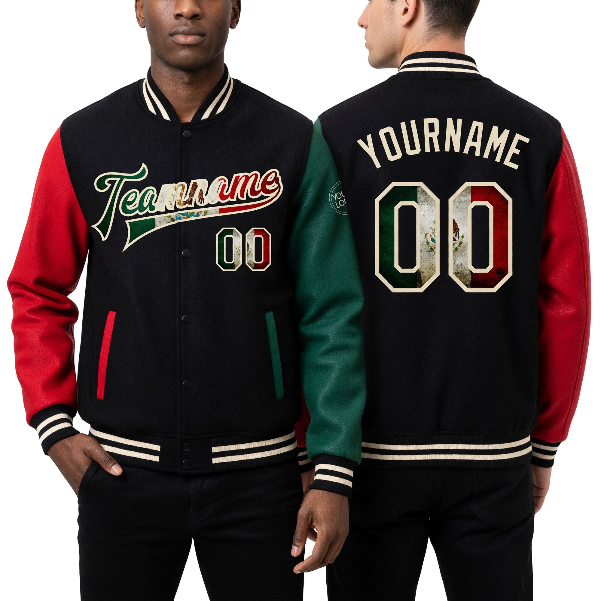 Custom Black Vintage Mexican Flag Cream Kelly Green-Red Bomber Full-Snap Varsity Letterman Two Tone Jacket worn front and back