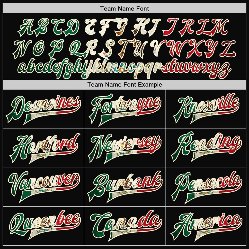 Custom Black Vintage Mexican Flag Cream Kelly Green-Red Bomber Full-Snap Varsity Letterman Two Tone Jacket photo 5